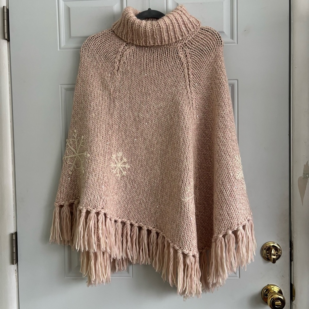 Jennifer Lopez Pink/Ivory Wool Blend Knit Poncho, XS-Medium